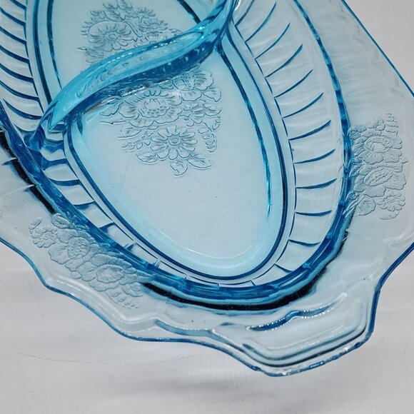 Vintage Anchor Hocking Blue Mayfair Open Rose Divided Relish Dish Oval - Picture 6 of 10